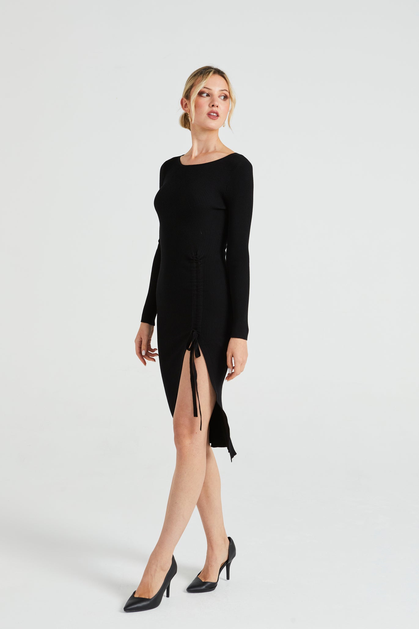 Angeleye Bodycon Ribbed Knit Midi Dress With Drawstring Leg