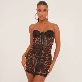 Bandeau Lace Cup Hook And Eye Front Mini Bodycon Dress In Brown Leopard Print