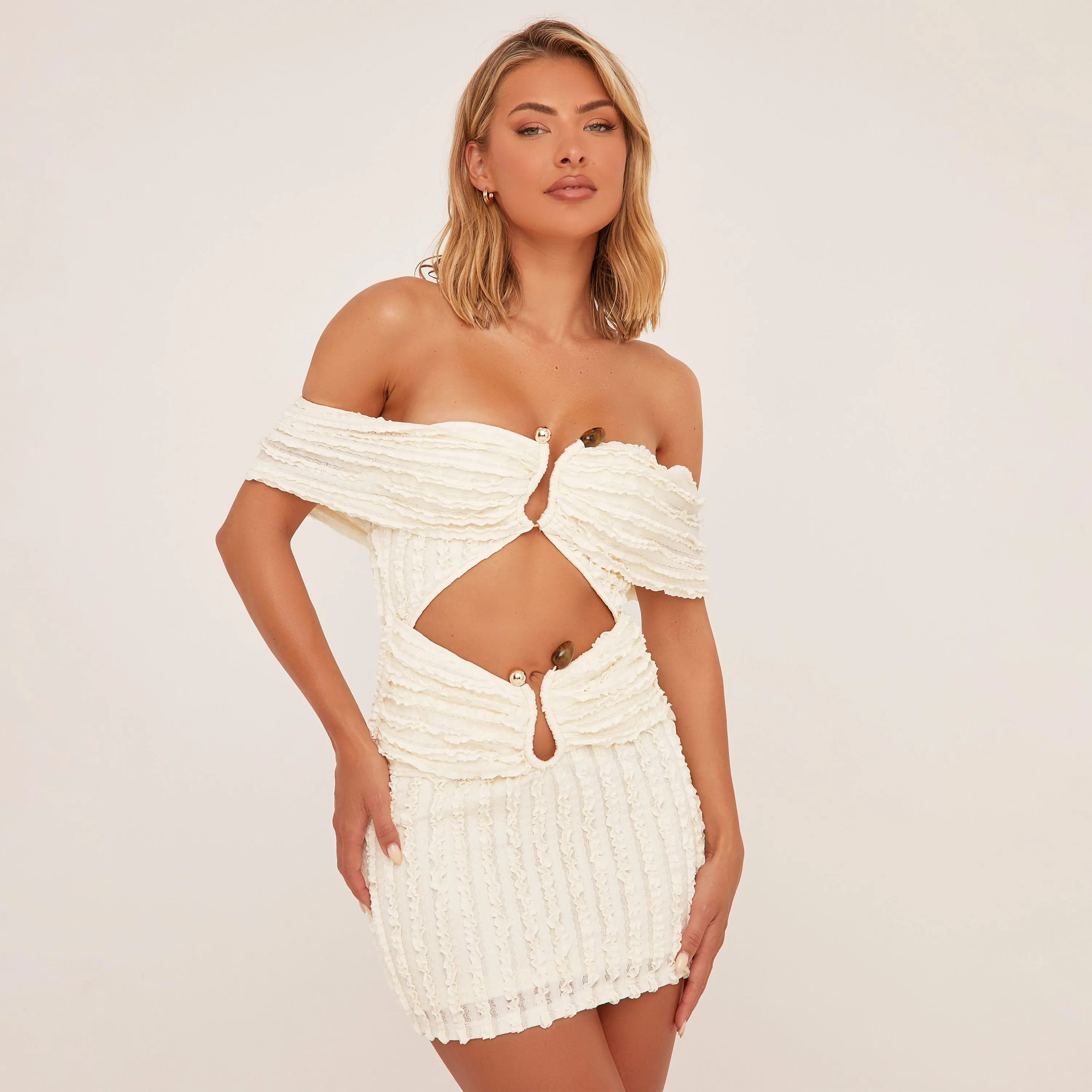 Bardot Gem Detail Cut Out Mini Bodycon Dress In Cream Texture