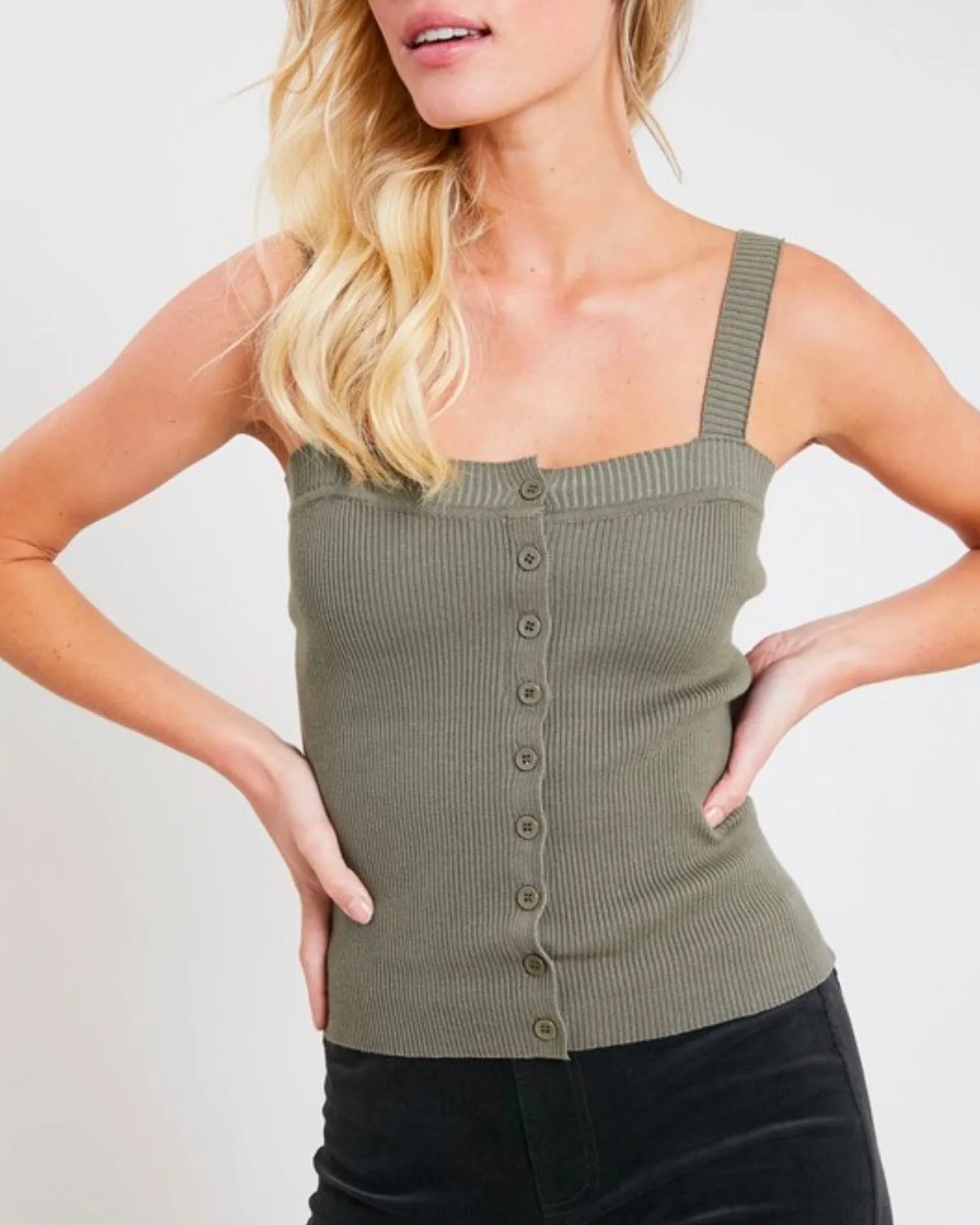 Basic Knit Button Front Square Neck Tank in Olive