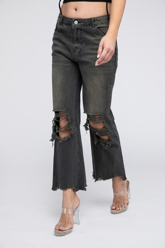 BiBi Distressed Vintage Washed Wide Leg Pants