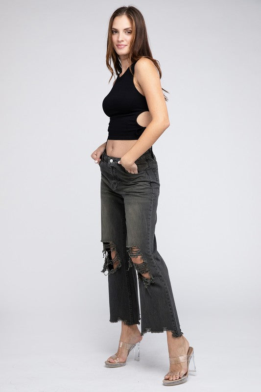 BiBi Distressed Vintage Washed Wide Leg Pants