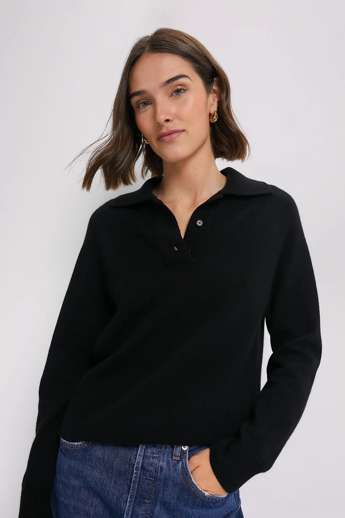 Black Carlisle Cashmere Banded Polo Sweater