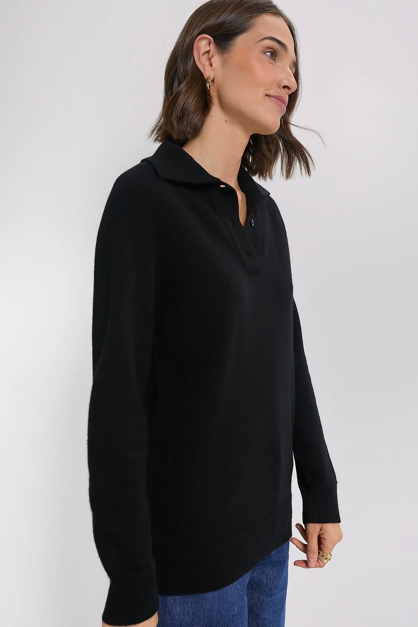 Black Carlisle Cashmere Banded Polo Sweater