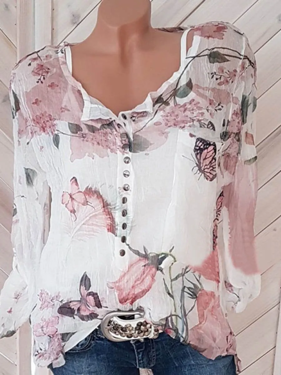 Blouse Floral Col Boutonné en V avec Manches Longues