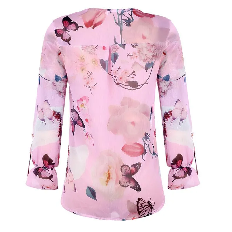 Blouse Floral Col Boutonné en V avec Manches Longues