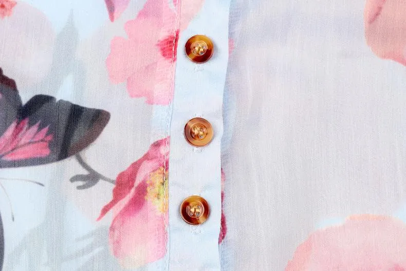 Blouse Floral Col Boutonné en V avec Manches Longues