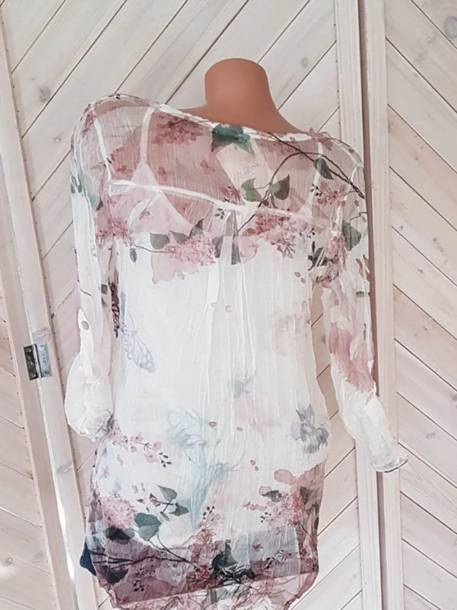 Blouse Floral Col Boutonné en V avec Manches Longues