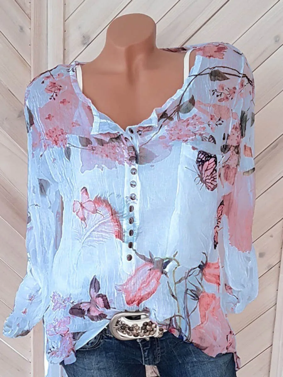 Blouse Floral Col Boutonné en V avec Manches Longues