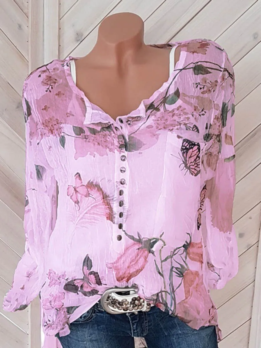 Blouse Floral Col Boutonné en V avec Manches Longues