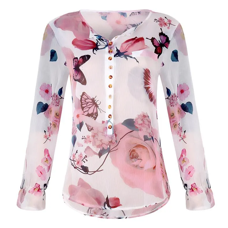 Blouse Floral Col Boutonné en V avec Manches Longues