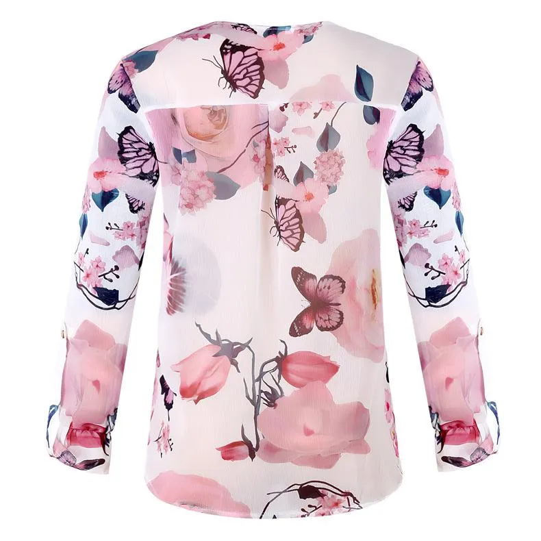 Blouse Floral Col Boutonné en V avec Manches Longues