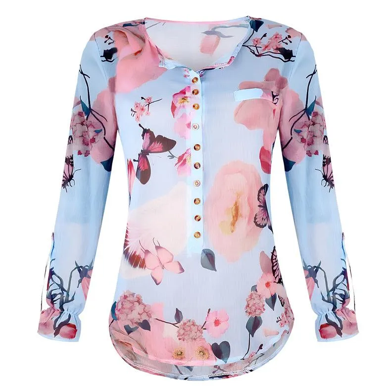 Blouse Floral Col Boutonné en V avec Manches Longues