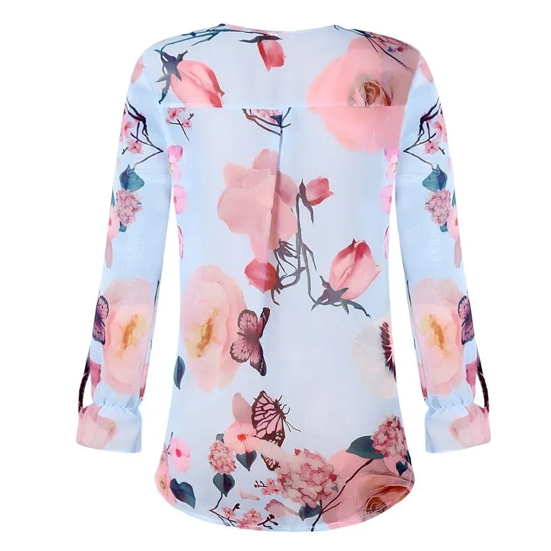 Blouse Floral Col Boutonné en V avec Manches Longues