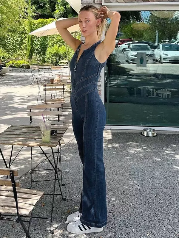 Blue Bootcut Jumpsuit Heart-Shaped Back Half Zipper Casual Romper