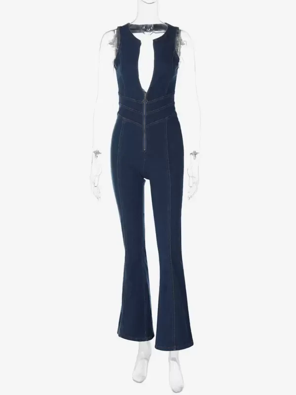 Blue Bootcut Jumpsuit Heart-Shaped Back Half Zipper Casual Romper