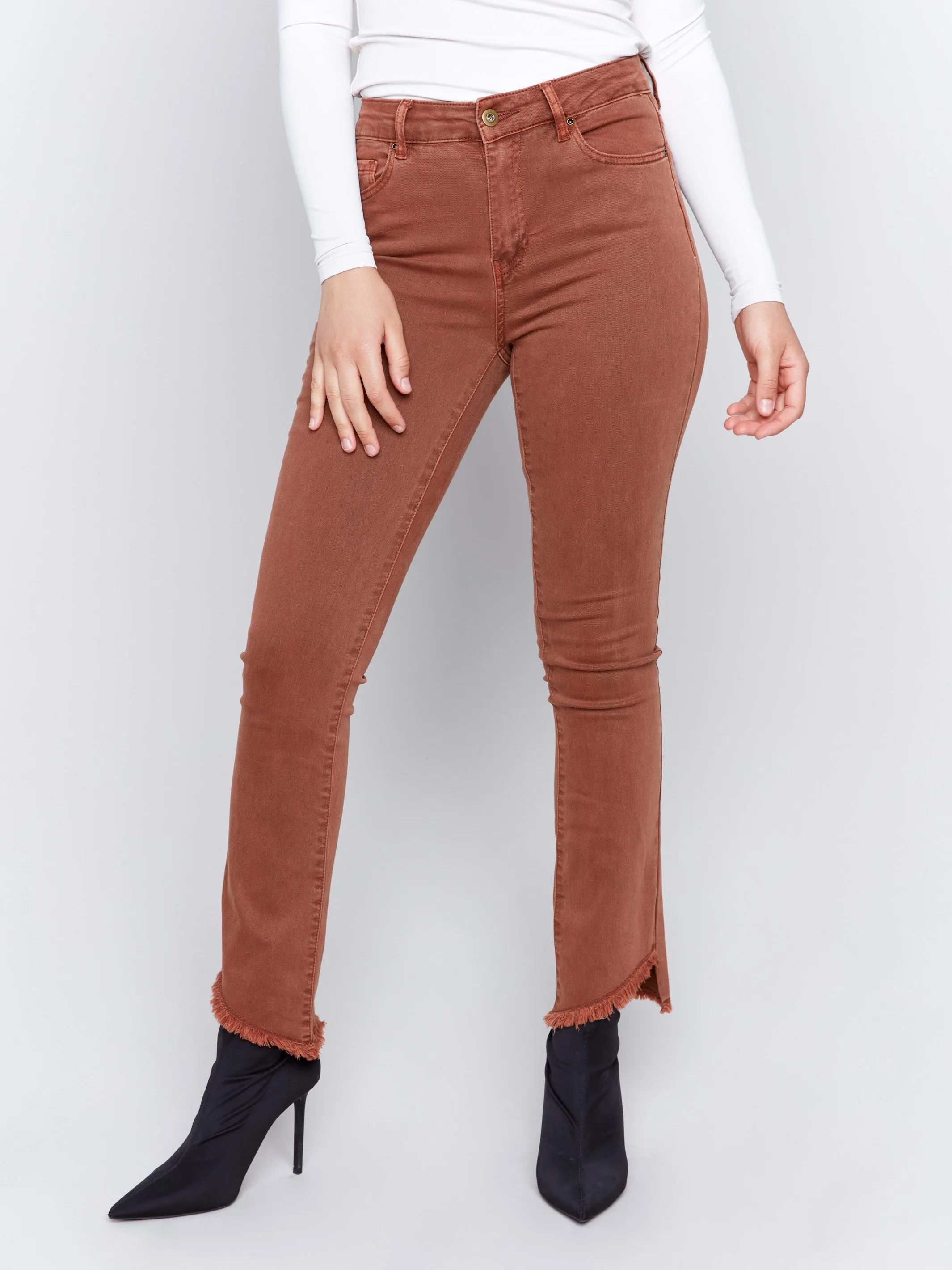 Bootcut Twill Pants with Asymmetrical Hem - Terracotta