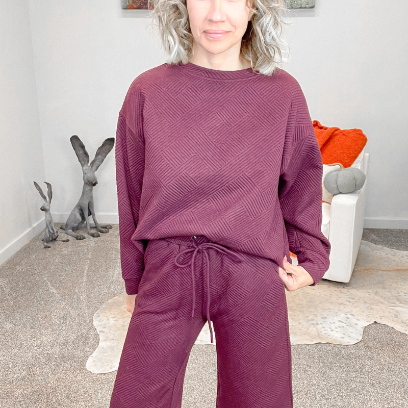 Burgundy Textured Cropped Wide Leg Pants