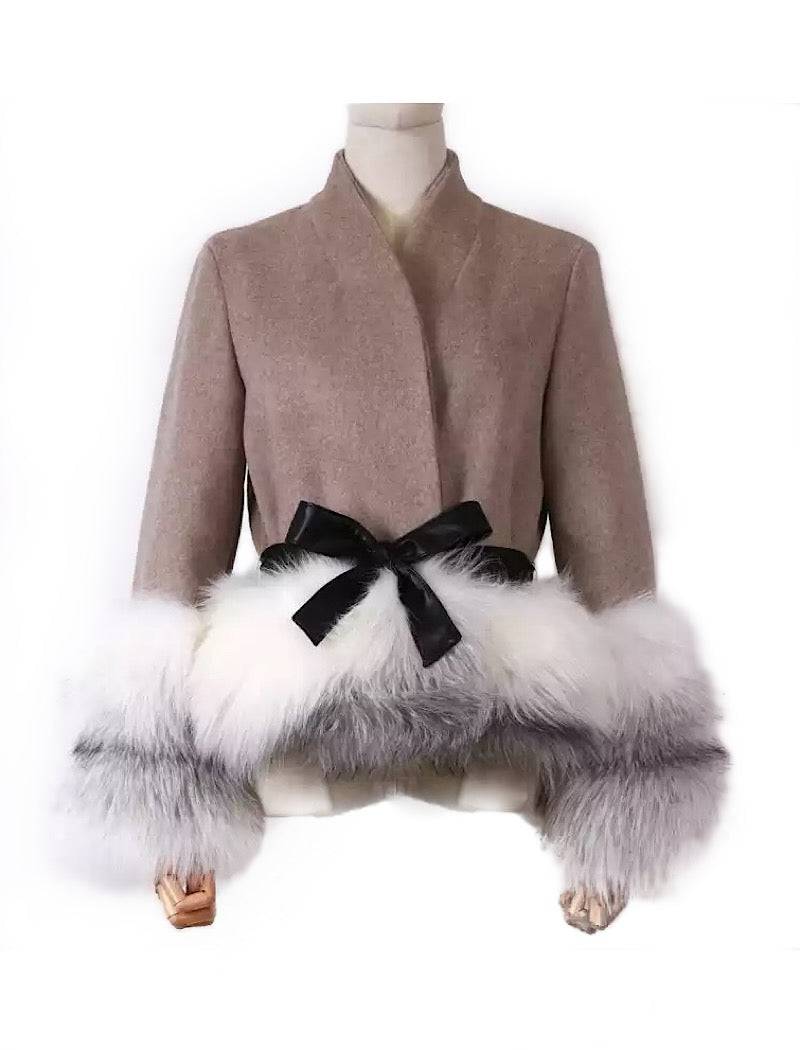 Cashmere Jacket with Dusty White Fox Fur Trim Leather Waist Tie