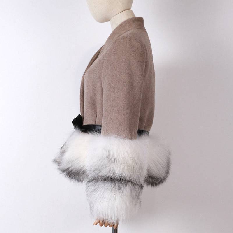 Cashmere Jacket with Dusty White Fox Fur Trim Leather Waist Tie