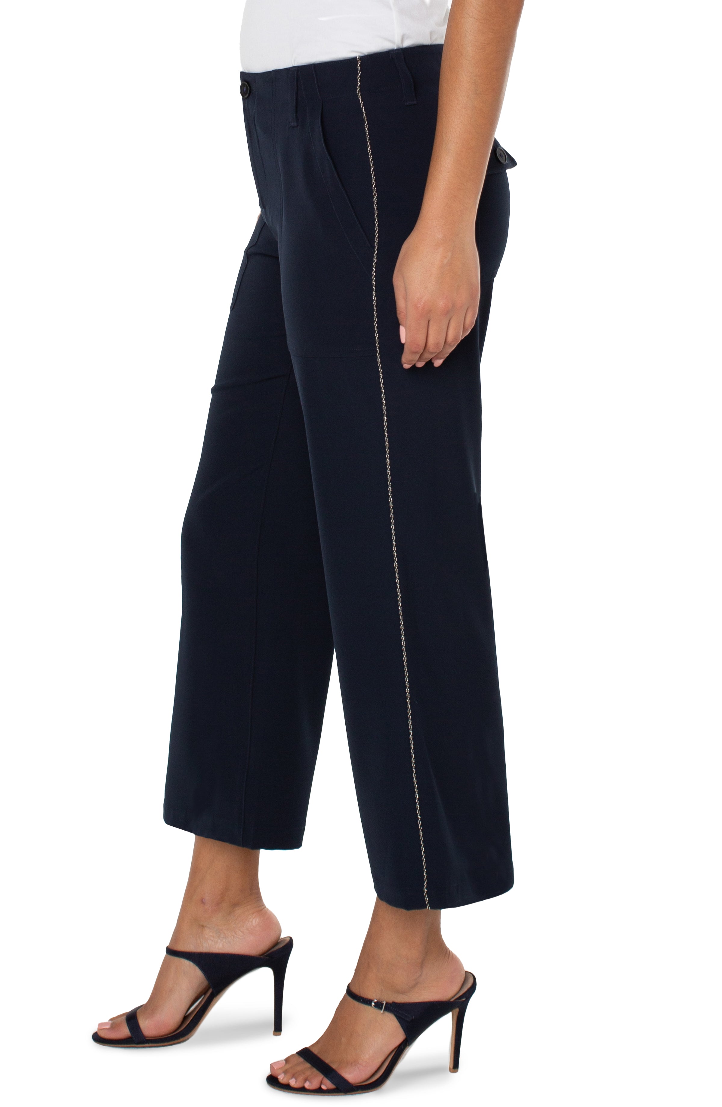 Chain Trim Crop Wide Leg Stretch Crepe Cargo Trousers