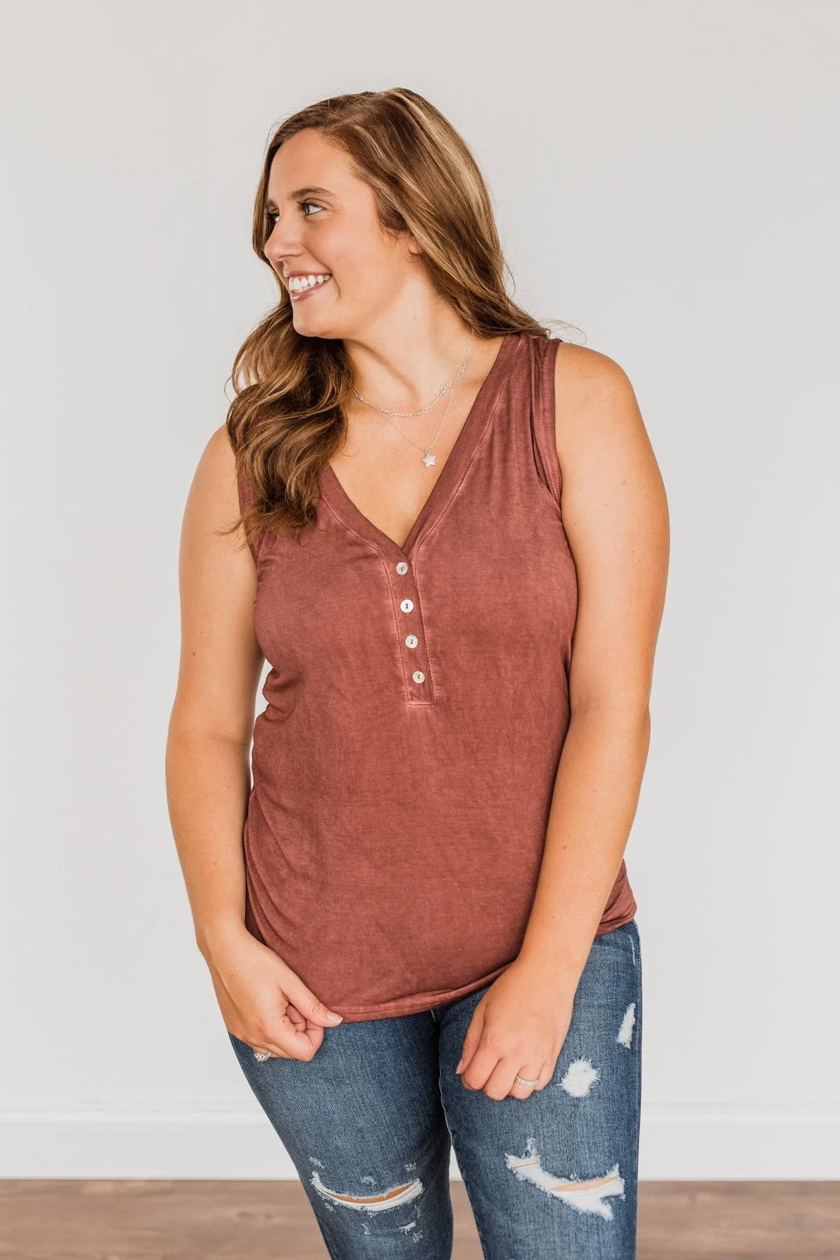 Charming Encounters Button Tank Top- Brick