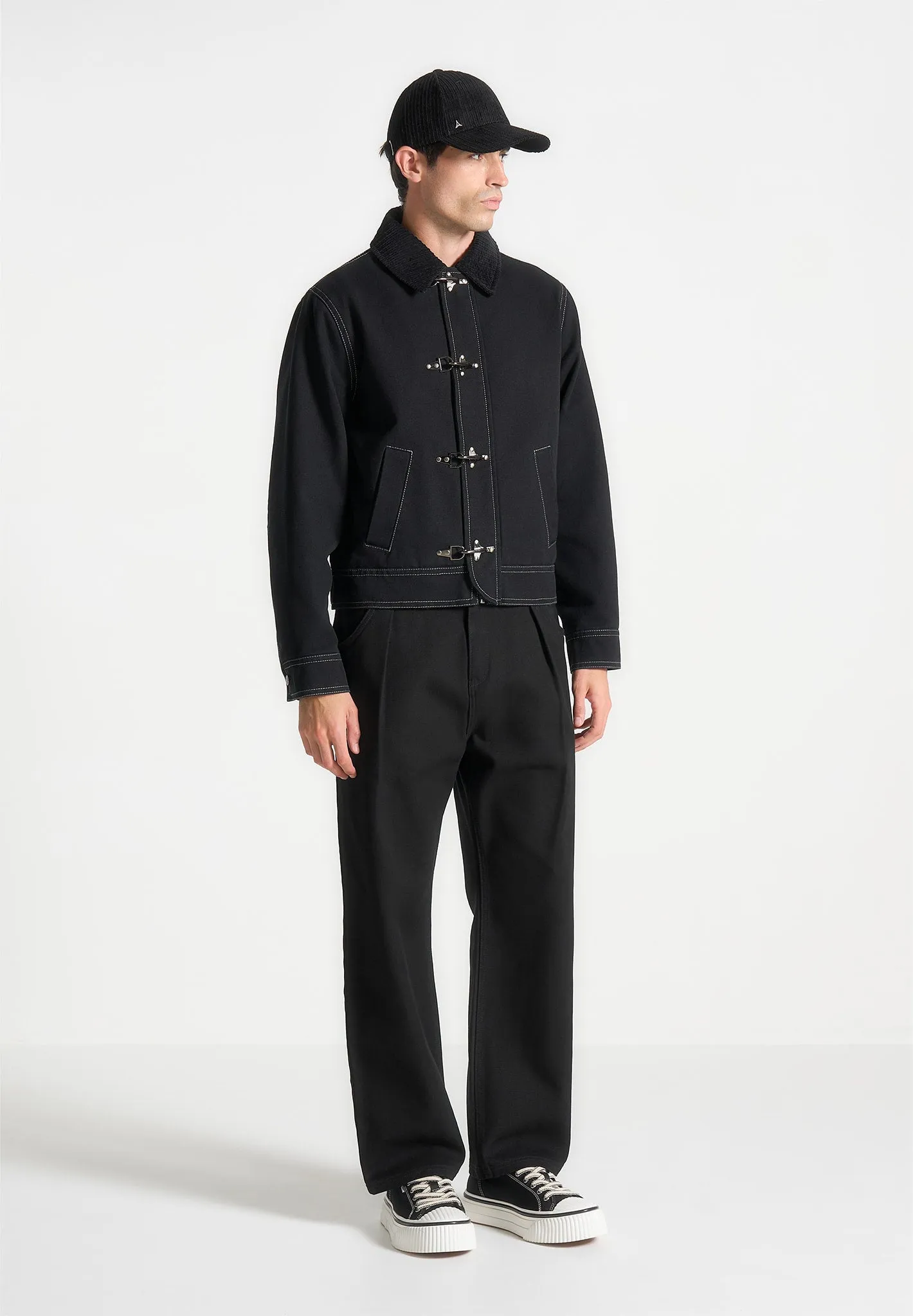 Clasp Detail Contrast Stitch Gabardine Jacket - Black