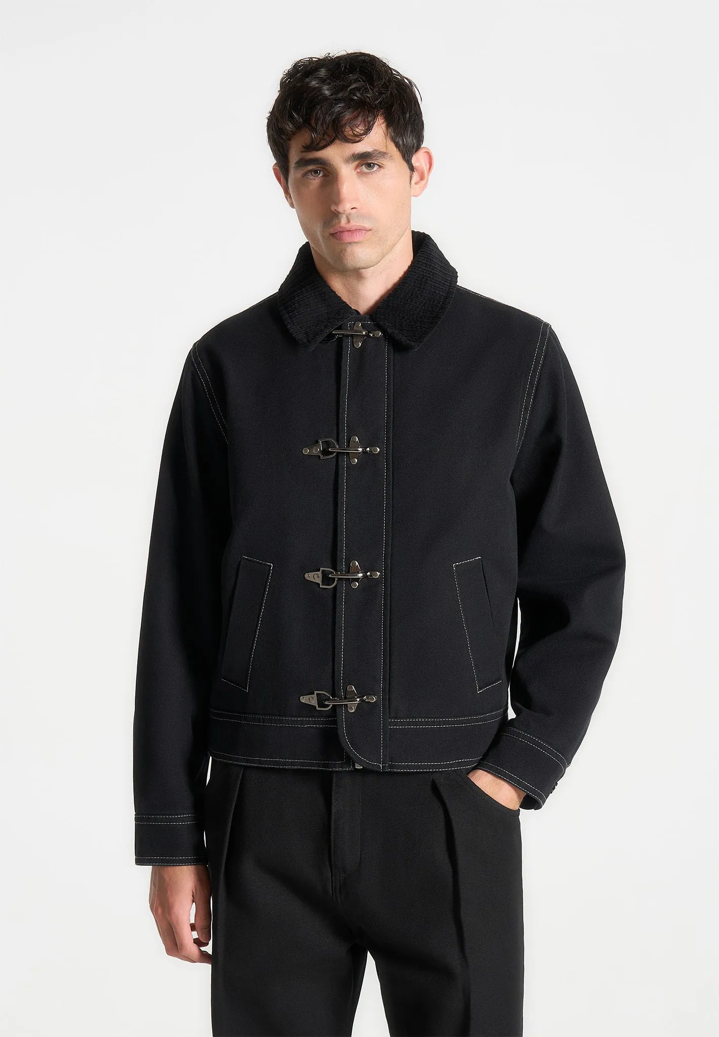 Clasp Detail Contrast Stitch Gabardine Jacket - Black