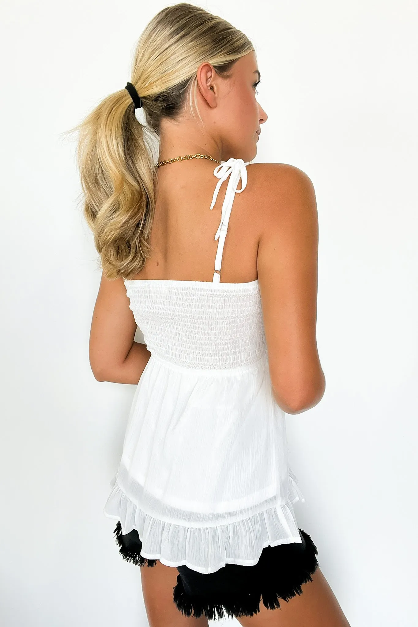 Compelling Perfection Smocked Ruffle Babydoll Tank Top