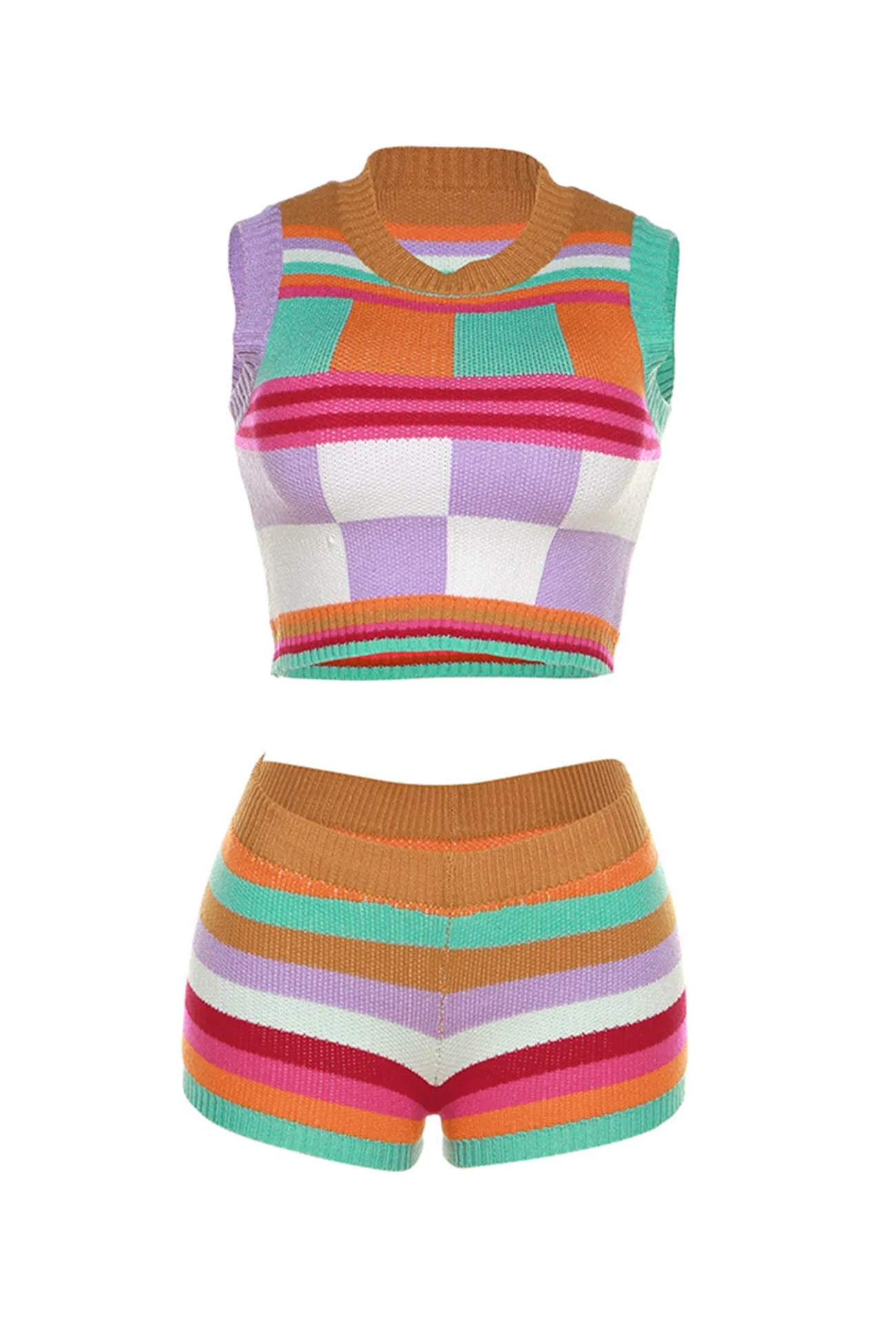 Contrast Knit Tank Top Two-Piece Shorts Set