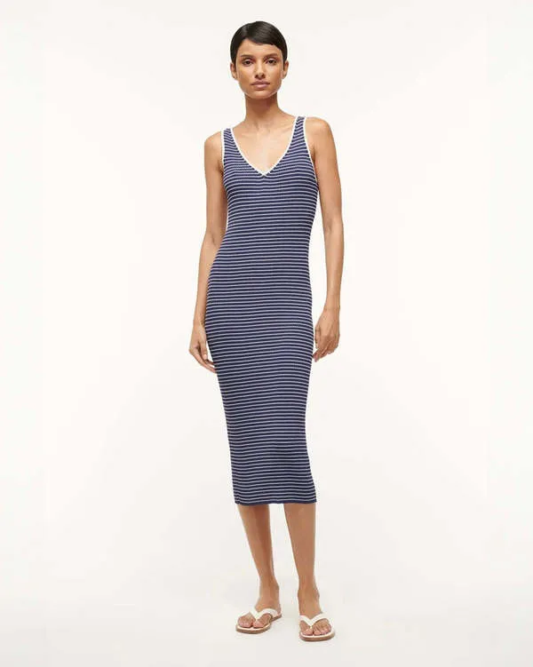 Dana Sleeveless Midi Bodycon Dress - Navy Micro Stripe