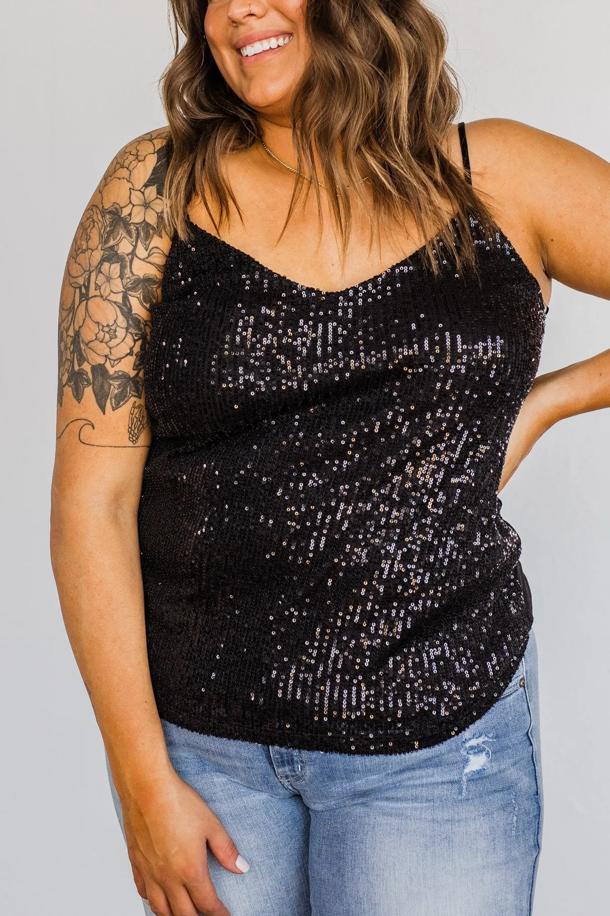 Dance Through The Night Sequin Tank Top- Black