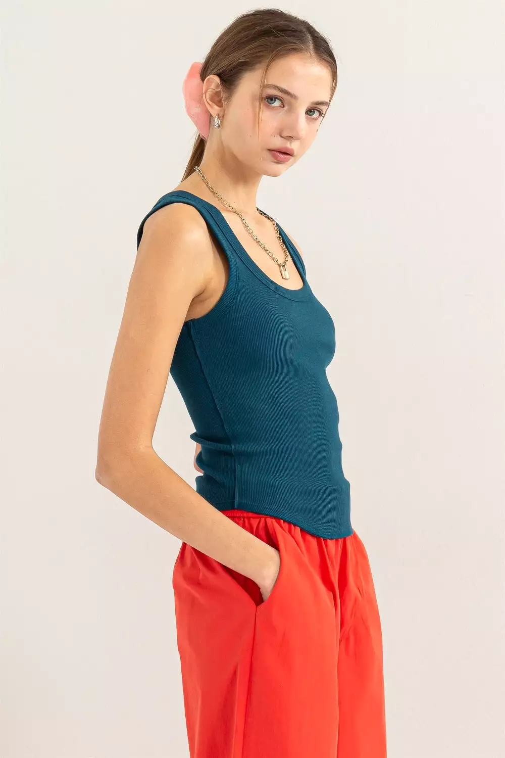 Dark Teal Ribbed Scoop Neck Racerback Tank