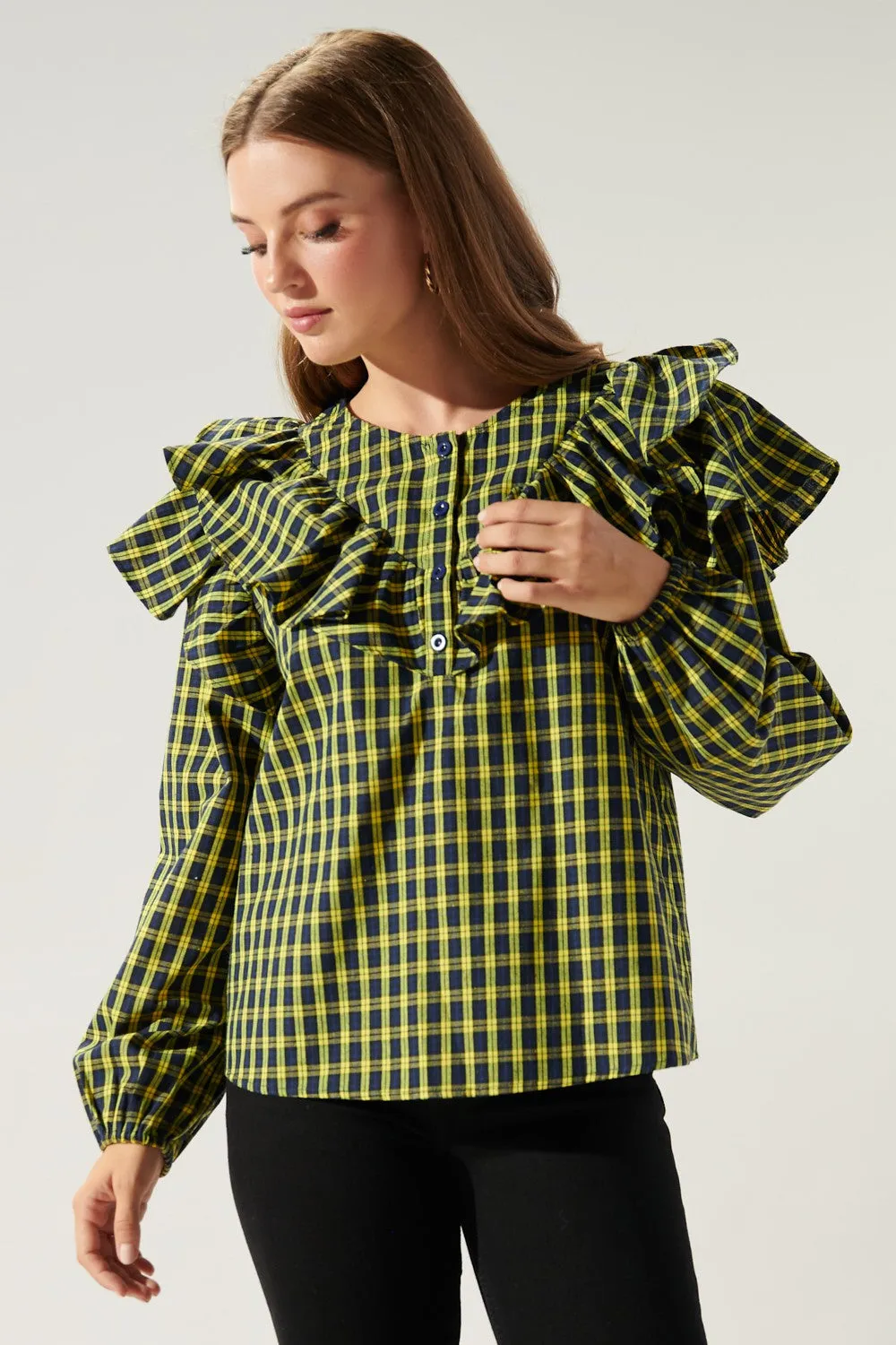 Dazed Plaid Ruffle Henley Blouse