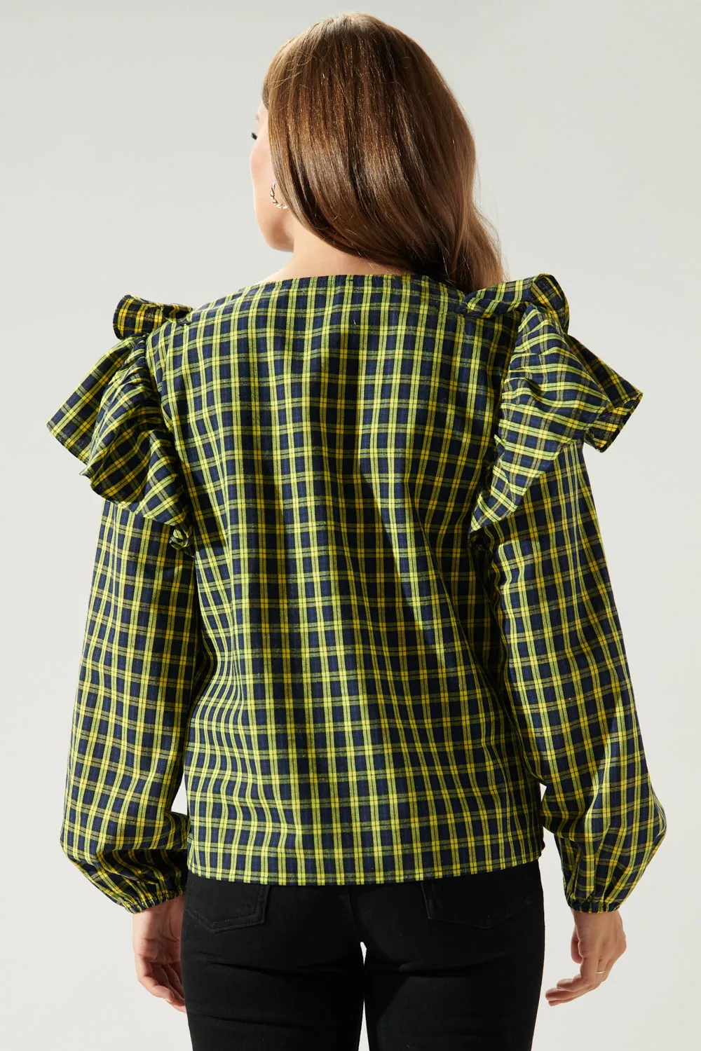 Dazed Plaid Ruffle Henley Blouse