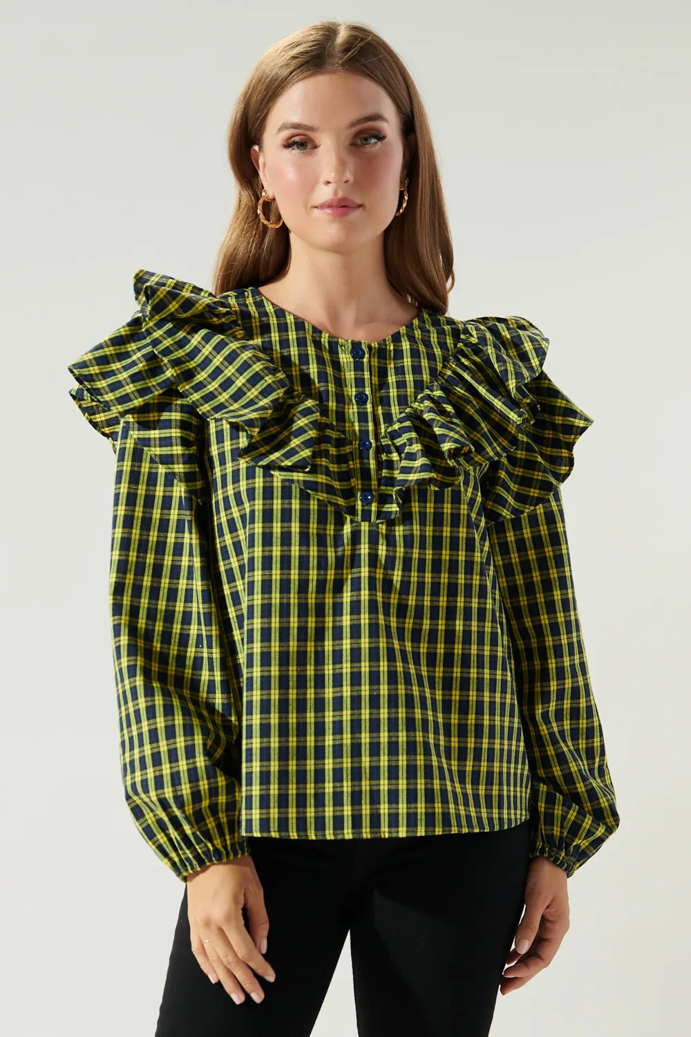 Dazed Plaid Ruffle Henley Blouse