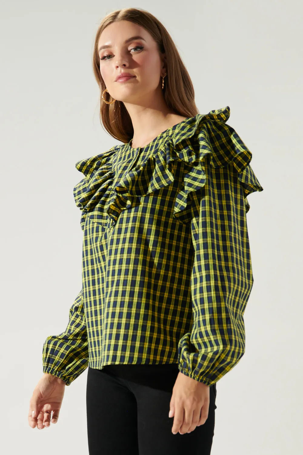 Dazed Plaid Ruffle Henley Blouse