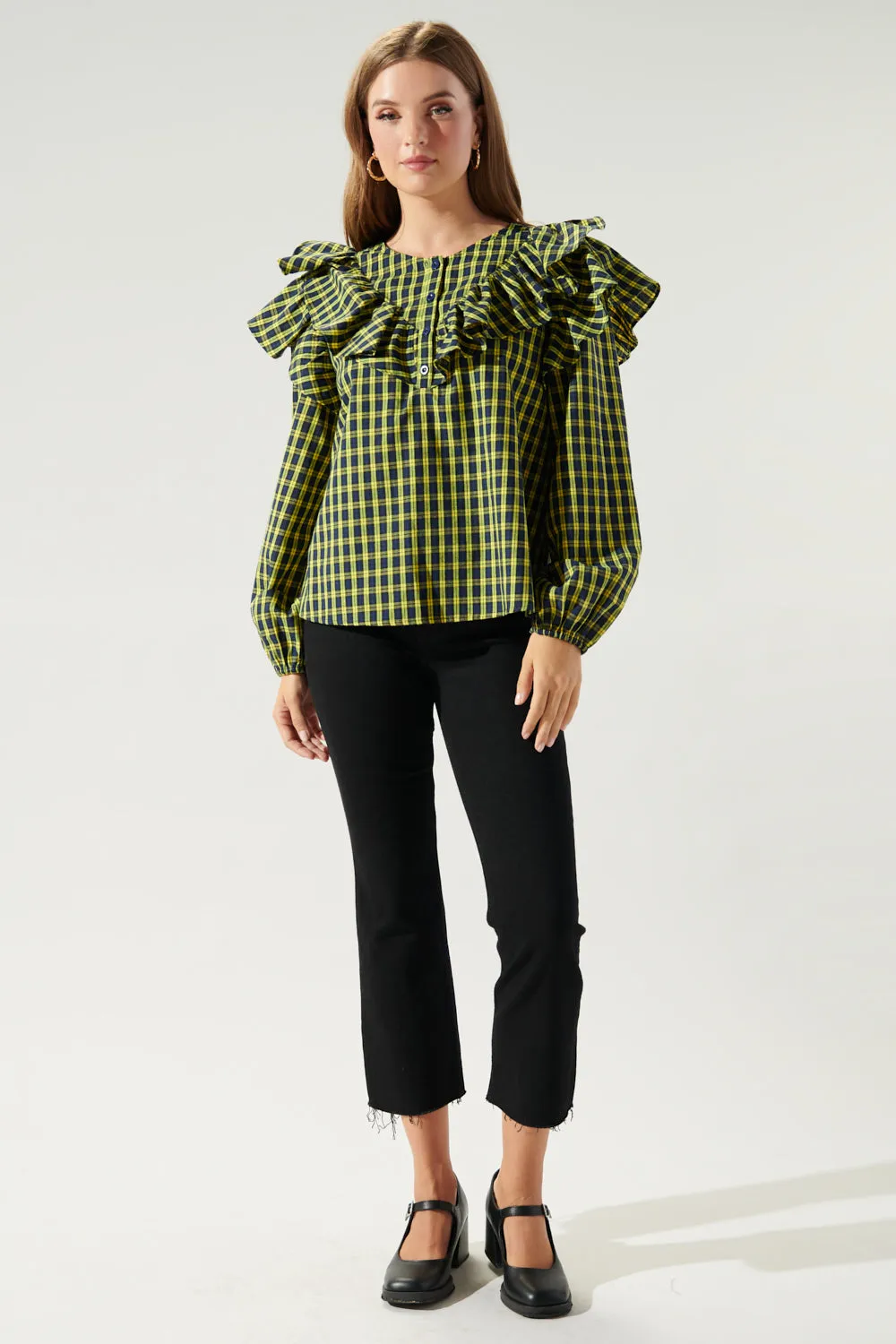 Dazed Plaid Ruffle Henley Blouse