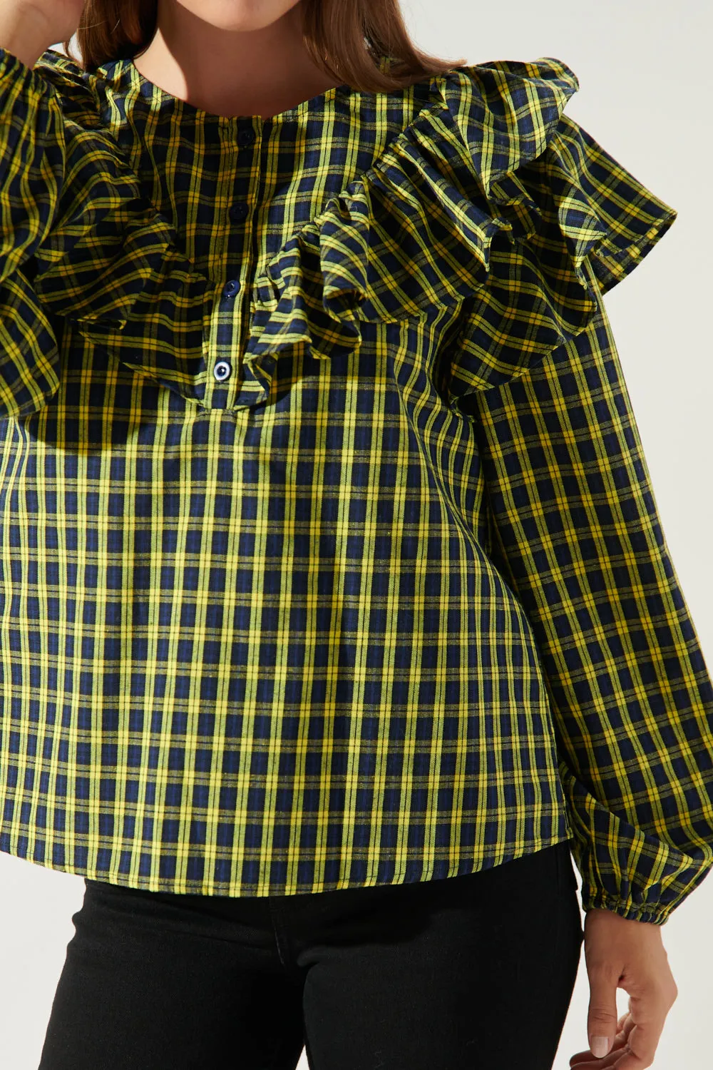 Dazed Plaid Ruffle Henley Blouse