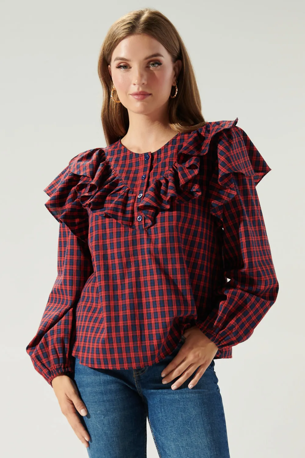 Dazed Plaid Ruffle Henley Blouse