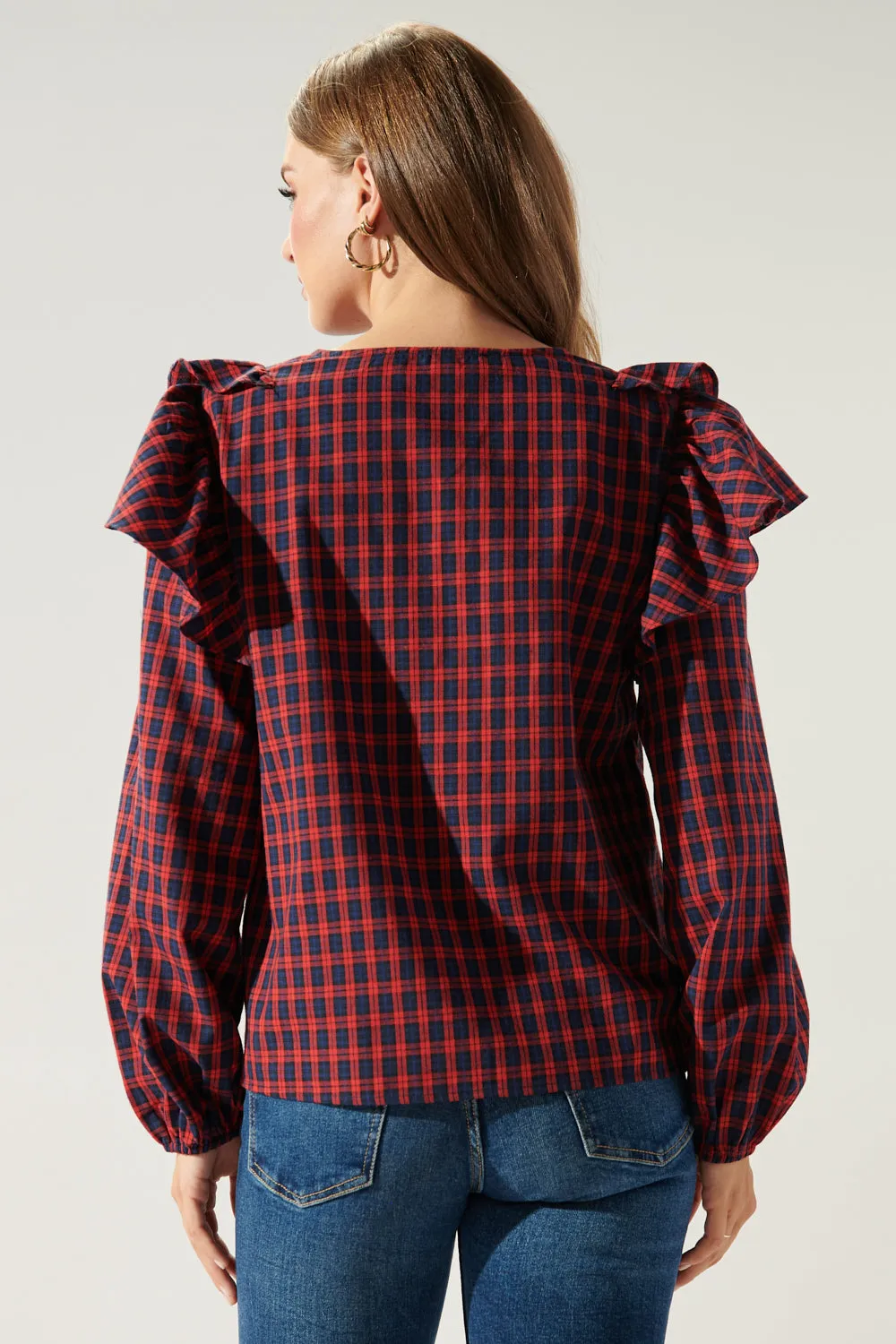 Dazed Plaid Ruffle Henley Blouse