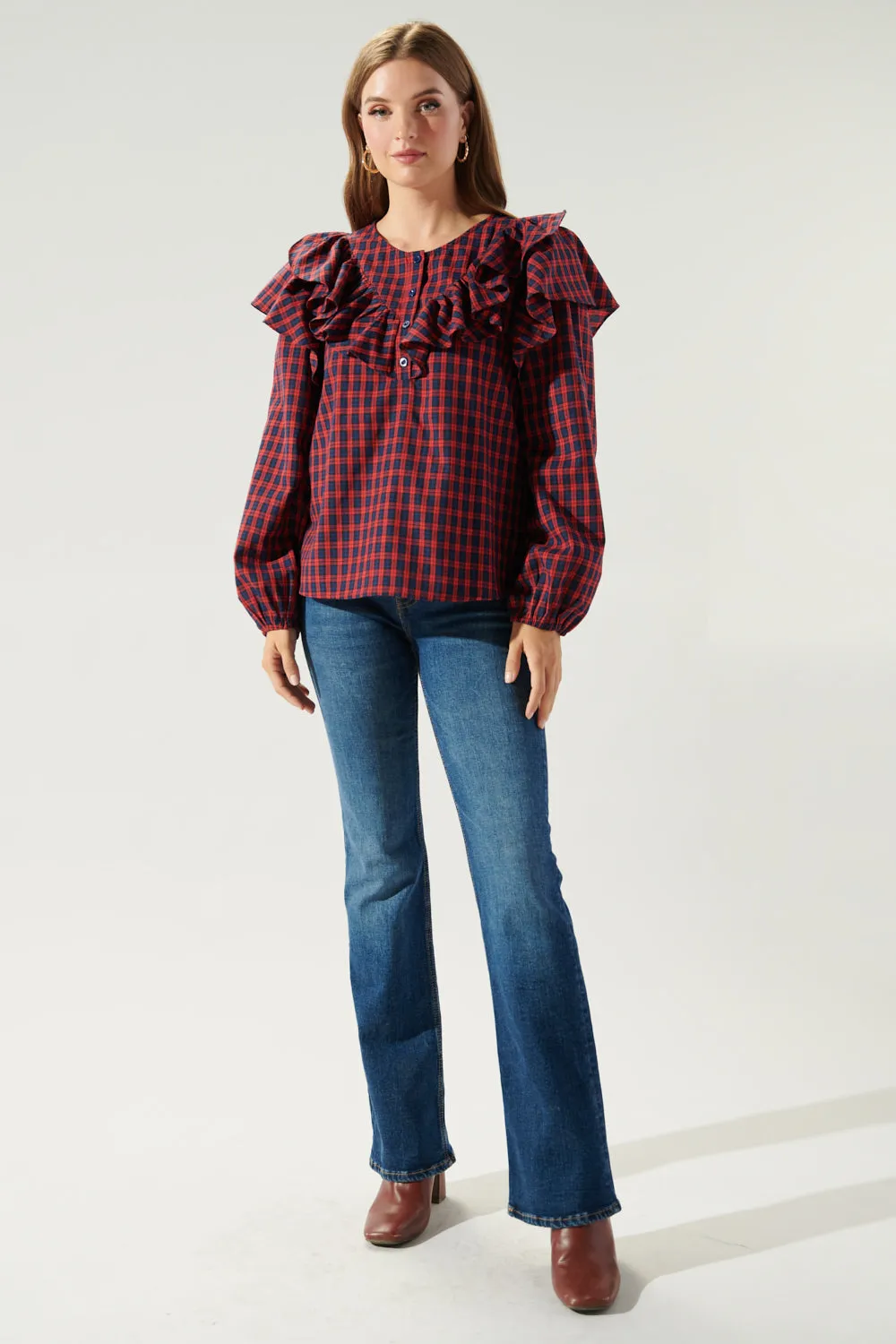 Dazed Plaid Ruffle Henley Blouse