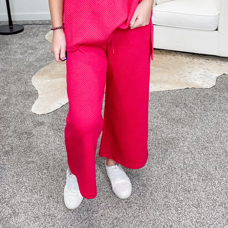 Deep Pink Textured Cropped Wide Leg Pants