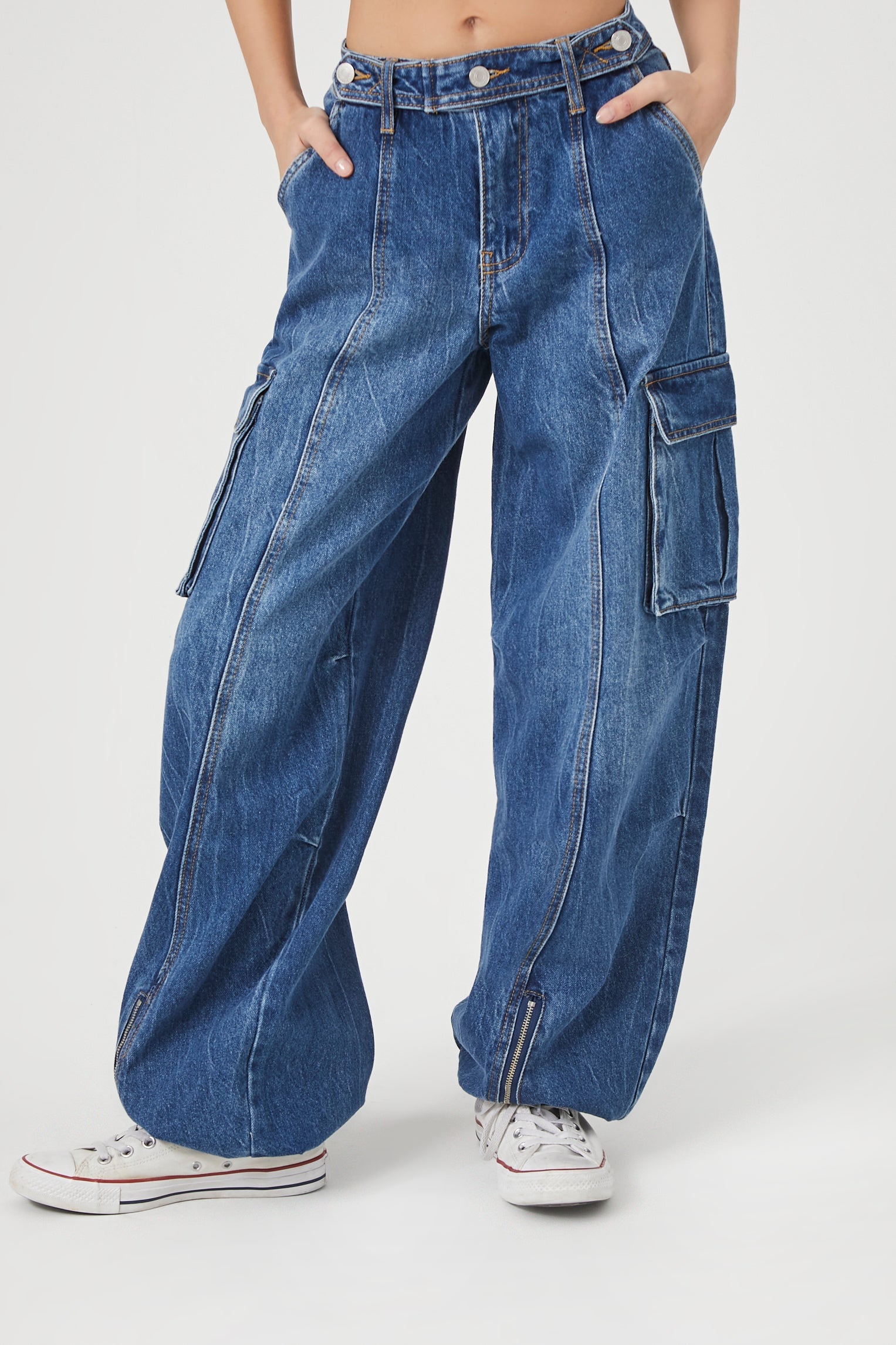 Denim Wide-Leg Cargo Joggers