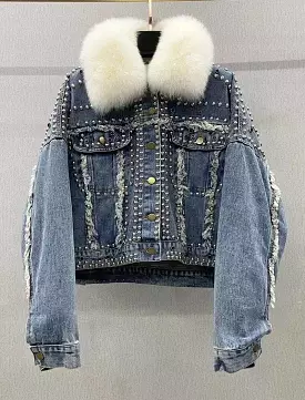 Detachable Fur Trimmed Blue Denim Jacket With Studs