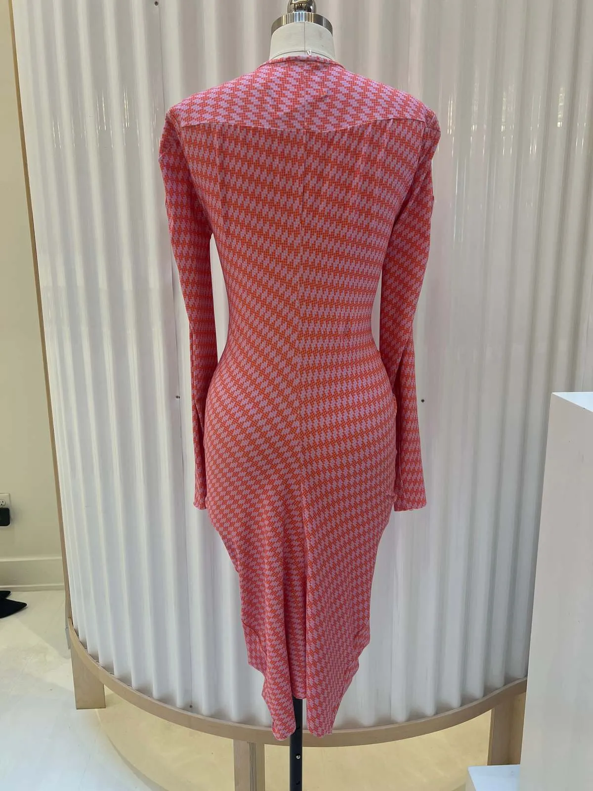 Draped Geometric Jersey Bodycon Dress - Pink/Red Print