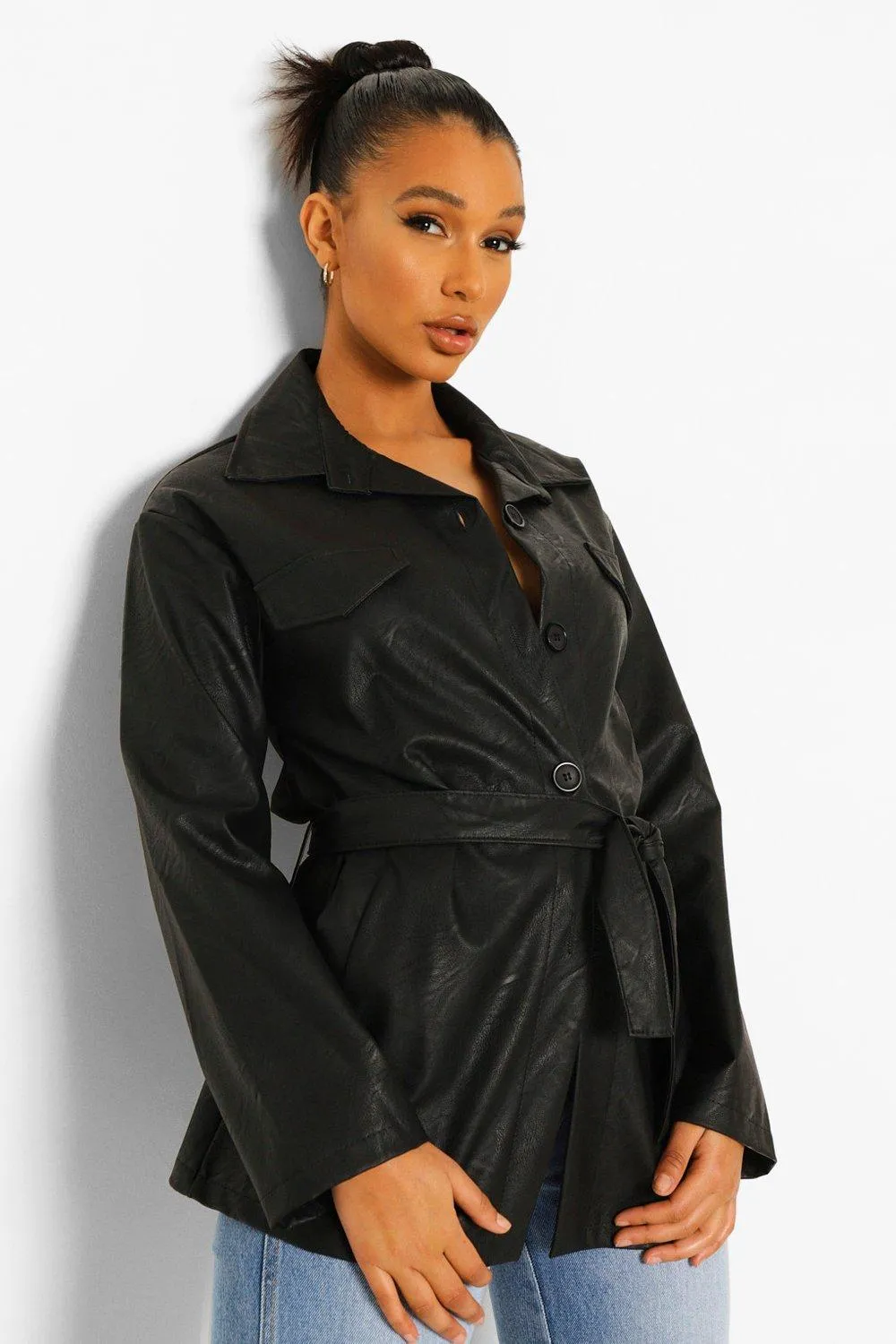 Faux Leather Belted Jacket