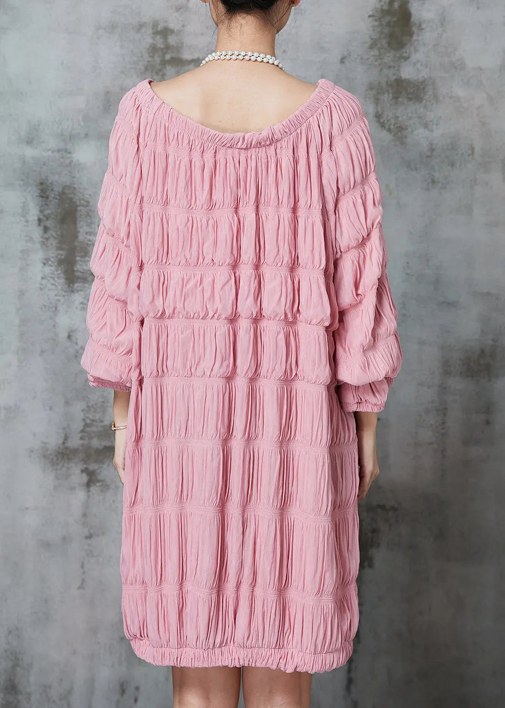 Fine Pink Slash Neck Wrinkled Cotton Mid Dress Spring JK1040