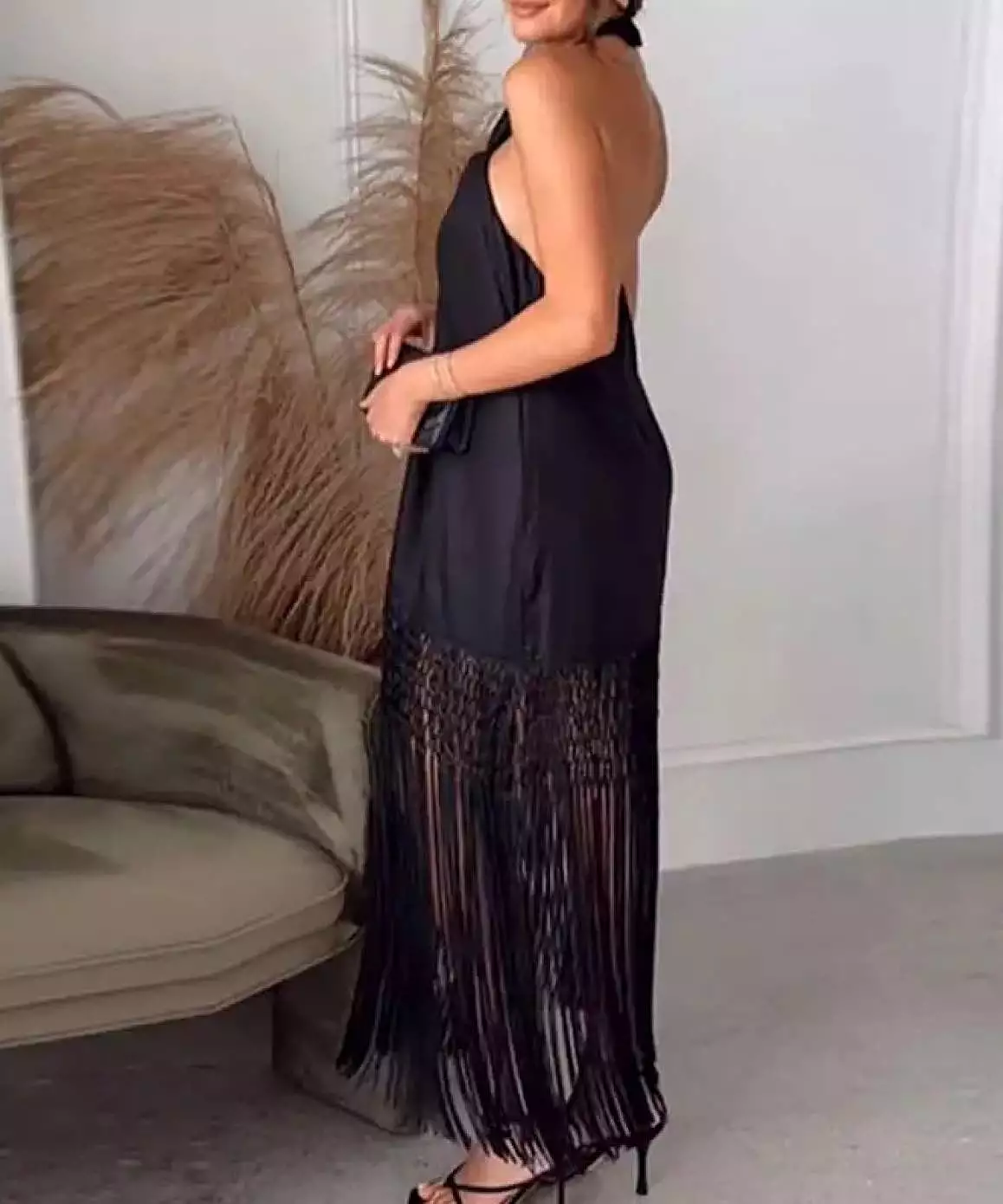 Fringe Skirt Halter Linen Dress In Black