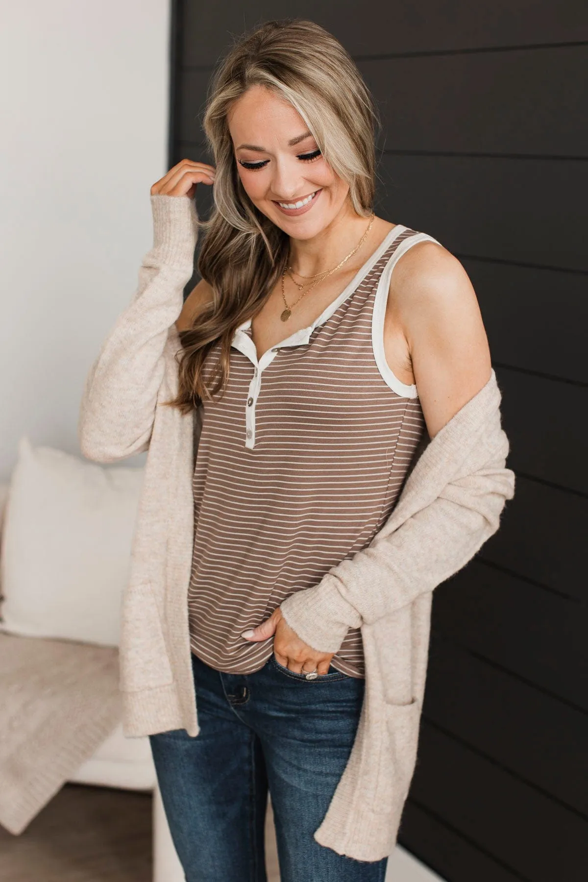 Good Impressions Button Tank Top- Mocha & Ivory